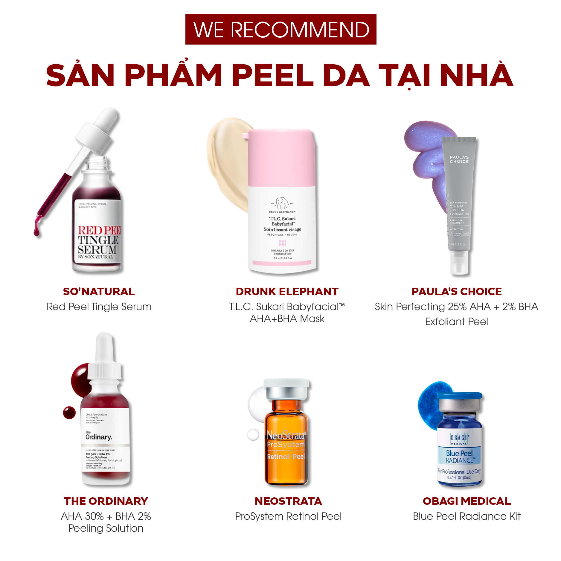 Sản phẩm peel da tại nhà được giới thiệu, bao gồm Red Peel Tingle Serum, T.L.C. Sukari Babyfacial™ AHA+BHA Mask, Skin Perfecting 25% AHA + 2% BHA Exfoliant Peel, AHA 30% + BHA 2% Peeling Solution, ProSystem Retinol Peel, và Blue Peel Radiance Kit. Bài viết cảnh báo 3 sai lầm khi peel da và lưu ý dưỡng da sau khi peel.