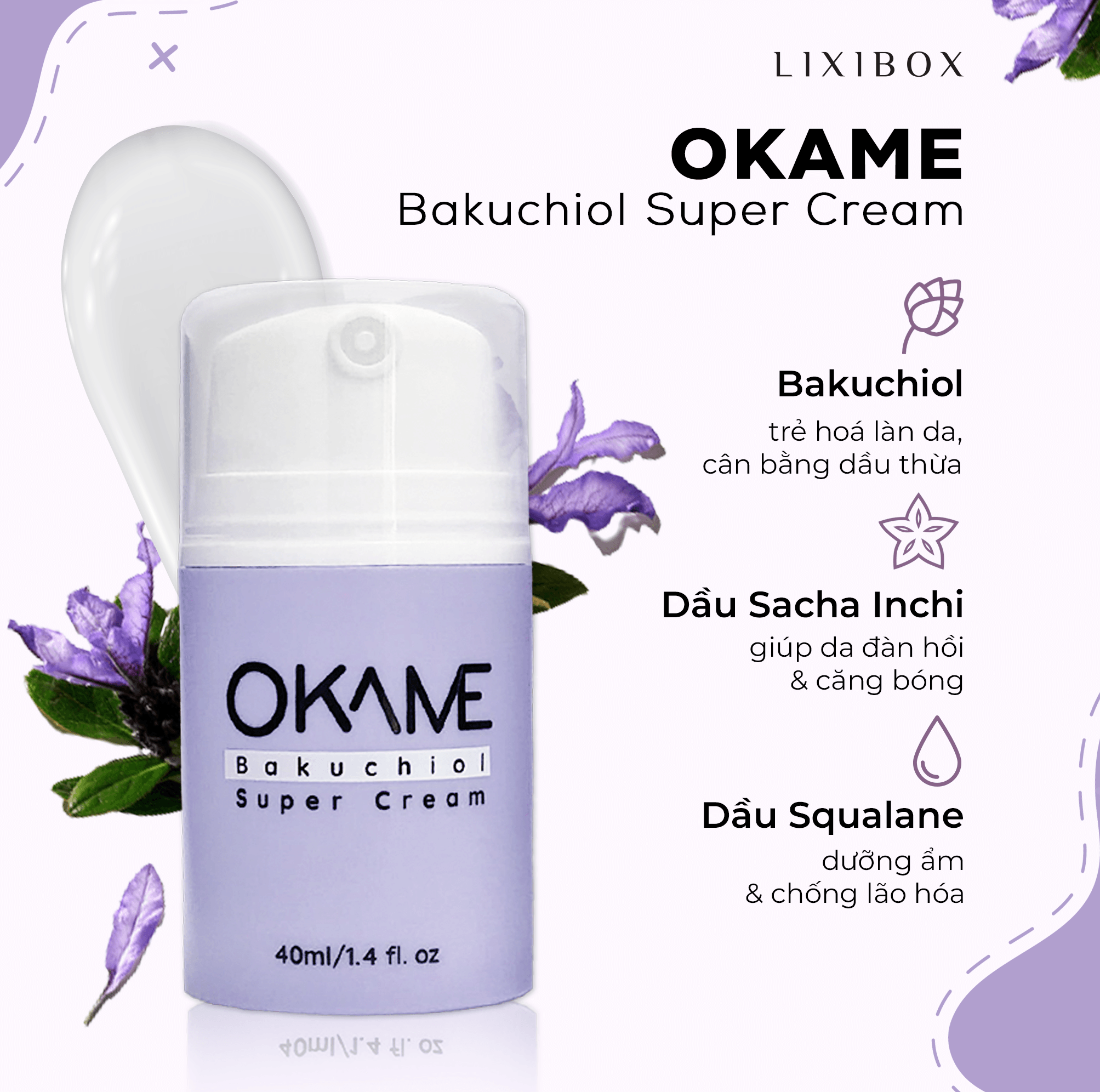 OKAME Bakuchiol Super Cream với thành phần Bakuchiol giúp cân bằng dầu thừa, làm săn chắc và phục hồi da, phù hợp cho làn da nhạy cảm. Sản phẩm cung cấp độ ẩm và chống lão hóa an toàn, lý tưởng cho các tín đồ skincare.
