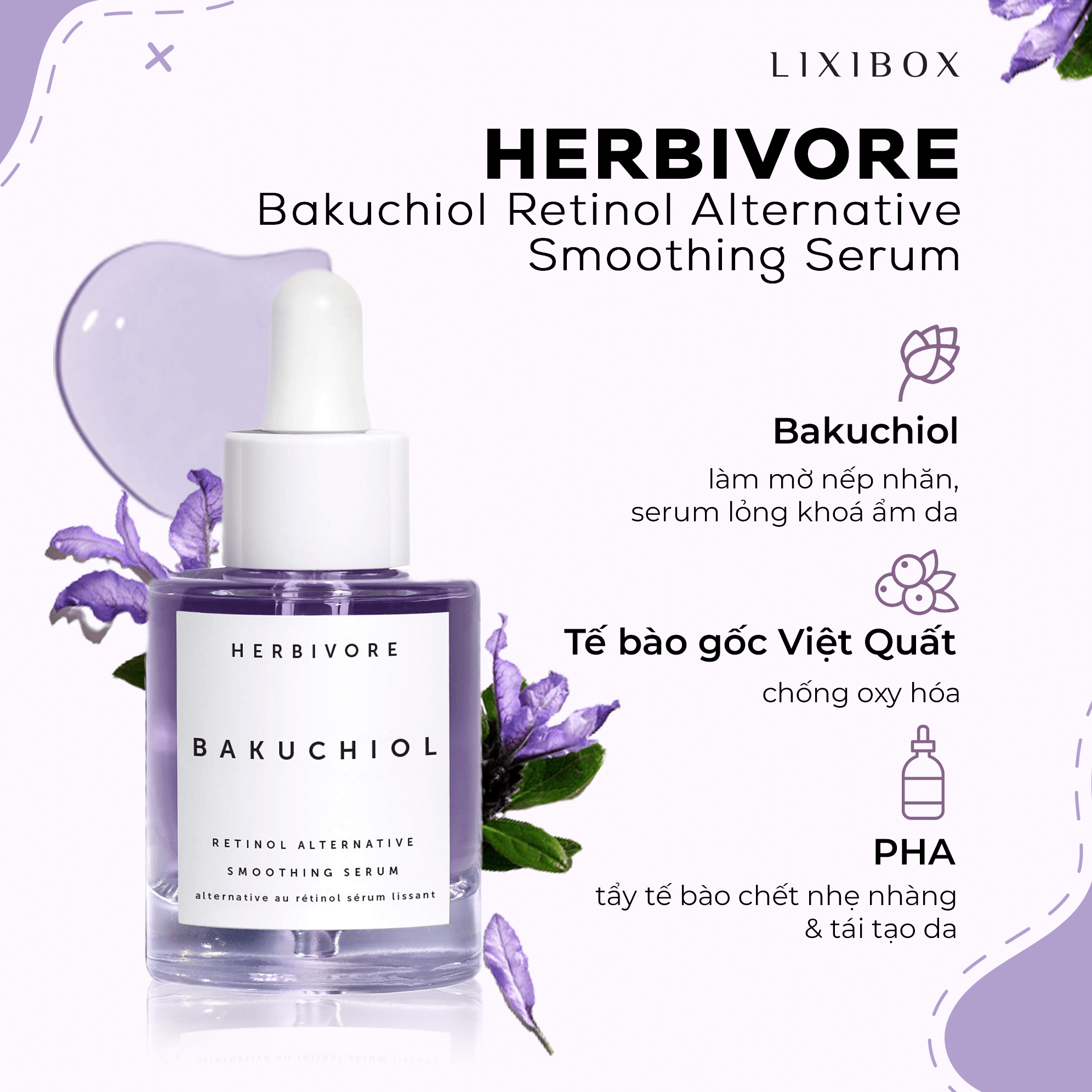 Serum HERBIVORE Bakuchiol là giải pháp an toàn cho làn da nhạy cảm muốn trải nghiệm lợi ích của retinol mà không lo kích ứng, giúp làm mờ nếp nhăn, cung cấp độ ẩm và chống oxy hóa.