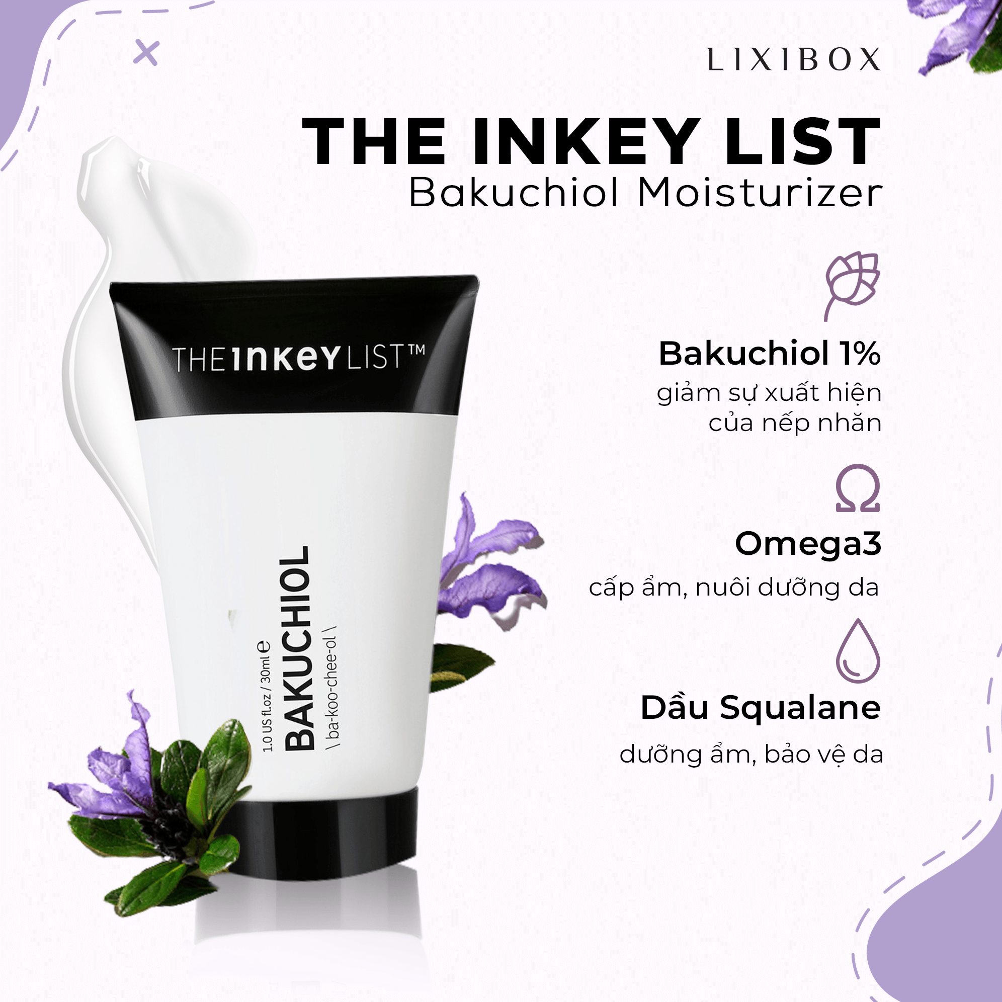 Kem dưỡng ẩm Bakuchiol The Inkey List với thành phần Bakuchiol 1% giúp giảm xuất hiện của nếp nhăn, Omega 3 cấp ẩm và nuôi dưỡng da, đồng thời Dầu Squalane bảo vệ da. Sản phẩm an toàn cho da nhạy cảm, là sự thay thế hoàn hảo cho Retinol.