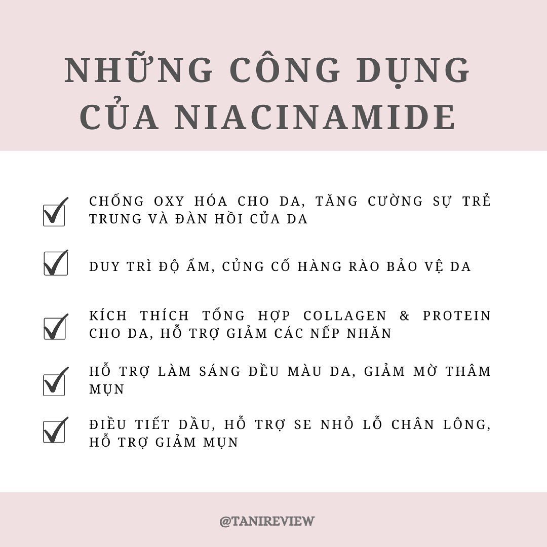 Danh sách công dụng nổi bật của Niacinamide trong việc chăm sóc da, bao gồm chống oxy hóa, giữ ẩm, kích thích sản sinh collagen và cải thiện sắc tố da. Khám phá bài review 4 sản phẩm chứa Niacinamide chất lượng với giá thành phải chăng.