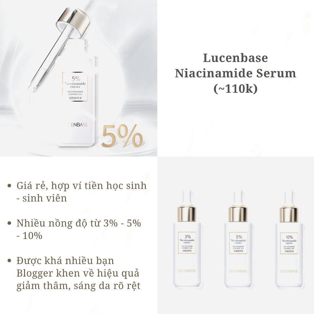 Review 4 sản phẩm chứa Niacinamide, đặc biệt là Lucenbase Niacinamide Serum với giá chỉ 110k. Sản phẩm giúp làm sáng da, cấp ẩm và được nhiều blogger khen ngợi về hiệu quả trong việc giảm thâm, sáng da.