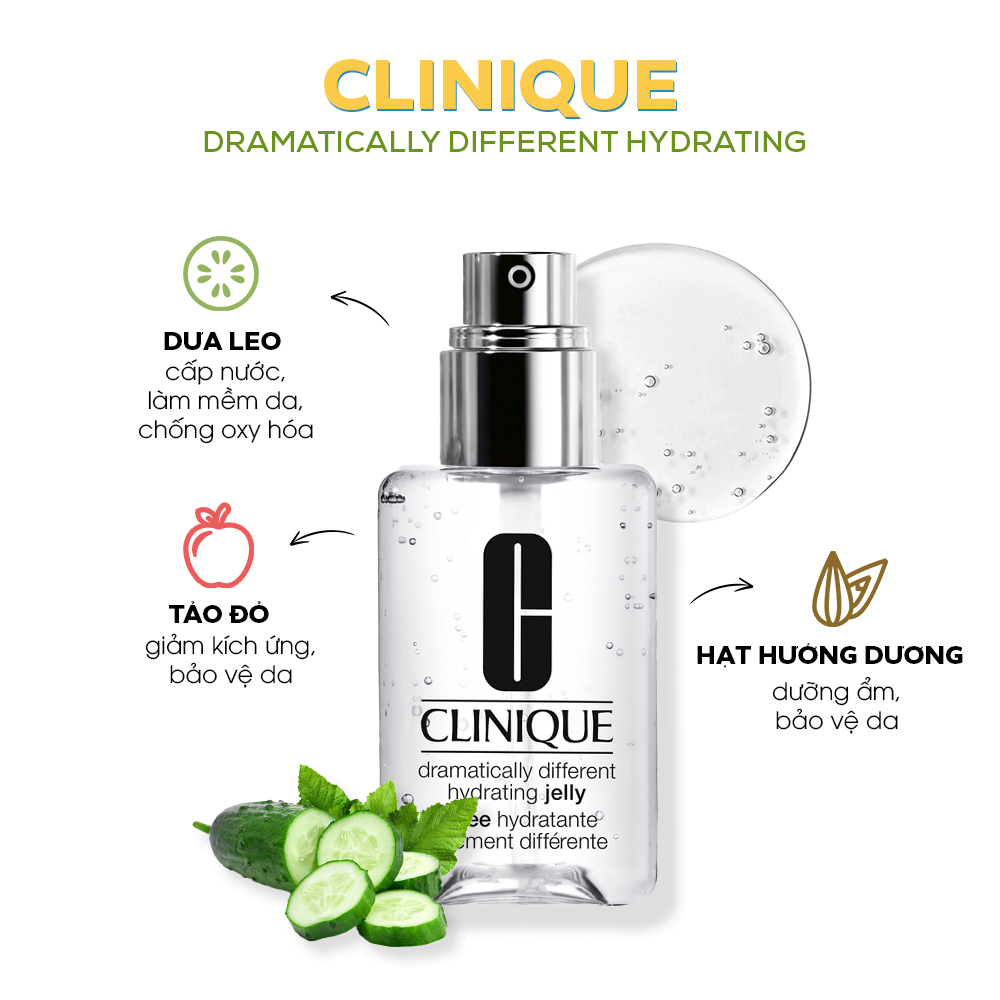 Gel dưỡng ẩm Clinique Dramaticaly Different, giúp cấp nước và làm mềm da với thành phần dưa leo, táo đỏ, và hạt hướng dương. Sản phẩm phù hợp cho da dầu mùa hè với khả năng kiềm dầu 24h.