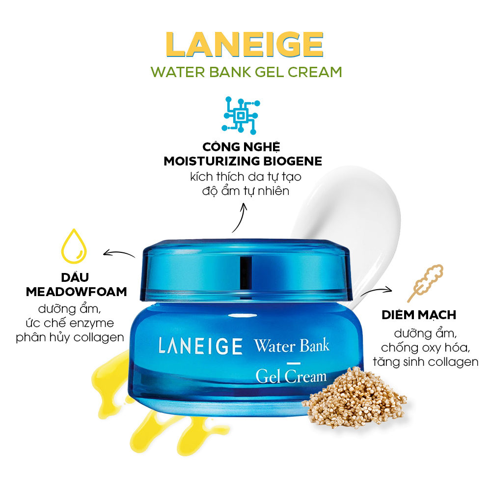 Kem dưỡng ẩm Laneige Water Bank Gel Cream giúp cấp nước cho da suốt 24h, chiết xuất từ dầu meadowfoam và điểm mạch, phù hợp cho da dầu. Sản phẩm nhẹ mặt, lý tưởng cho mùa hè.