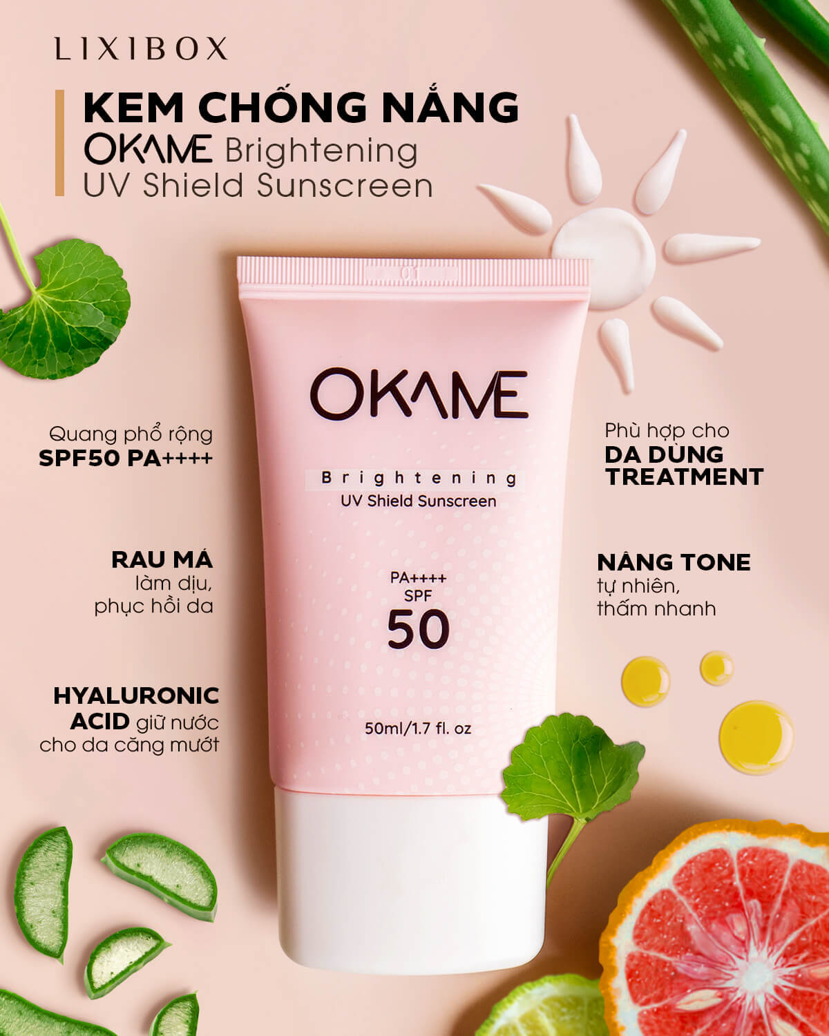 Kem chống nắng OKAME Brightening UV Shield Sunscreen với SPF 50 PA++++, phù hợp cho da nhạy cảm. Công thức chứa rau má và hyaluronic acid giúp làm dịu, phục hồi và giữ ẩm cho vùng da quanh mắt, giảm thiểu lão hóa.