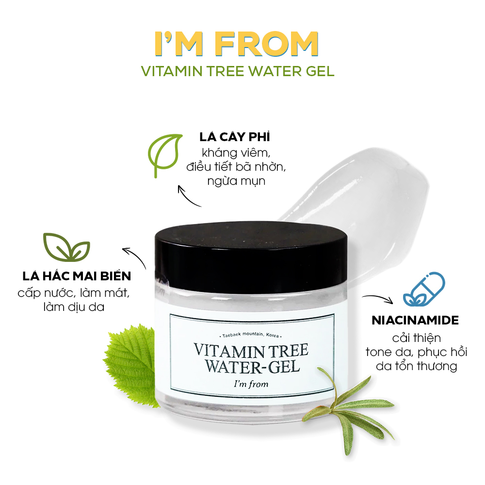 Gel dưỡng ẩm I'm From Vitamin Tree Water Gel giúp cấp nước, làm mát và làm dịu da. Chứa các thành phần tự nhiên như lá cây phi và lá hắc mai biển, giúp kiềm dầu, phù hợp cho da dầu mùa hè. Lixibox Skincare mang đến lựa chọn tuyệt vời cho da ngậm nước 24h.
