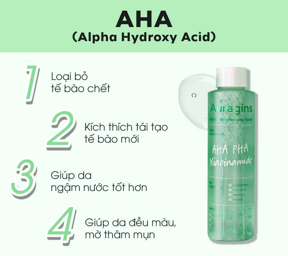 AHA (Alpha Hydroxy Acid) có tác dụng loại bỏ tế bào chết, kích thích tái tạo tế bào mới, giúp da ngậm nước tốt hơn và làm đều màu, mờ thâm mụn. Tìm hiểu về AHA-BHA và cách sử dụng hiệu quả.