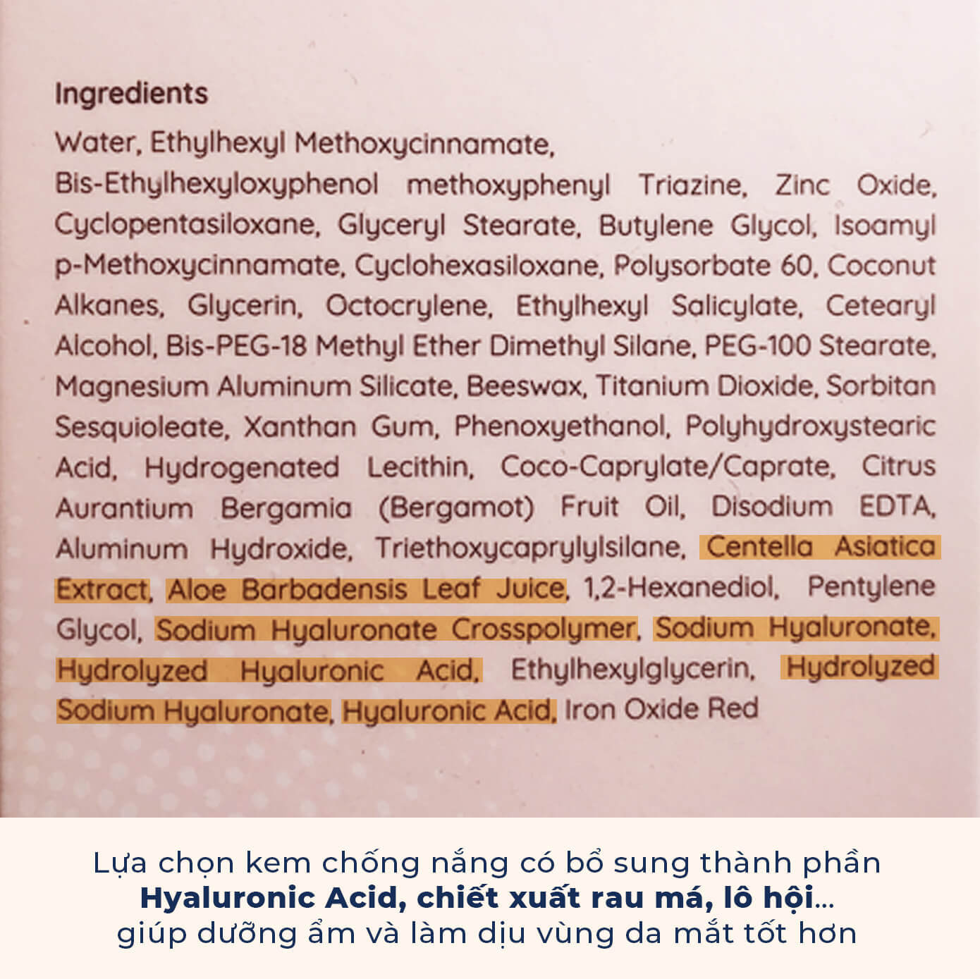 Lựa chọn kem chống nắng có bổ sung thành phần Hyaluronic Acid, chiết xuất rau má, lô hội giúp dưỡng ẩm và làm dịu vùng da mắt tốt hơn. Nên hay không thoa kem chống nắng cho vùng mắt?