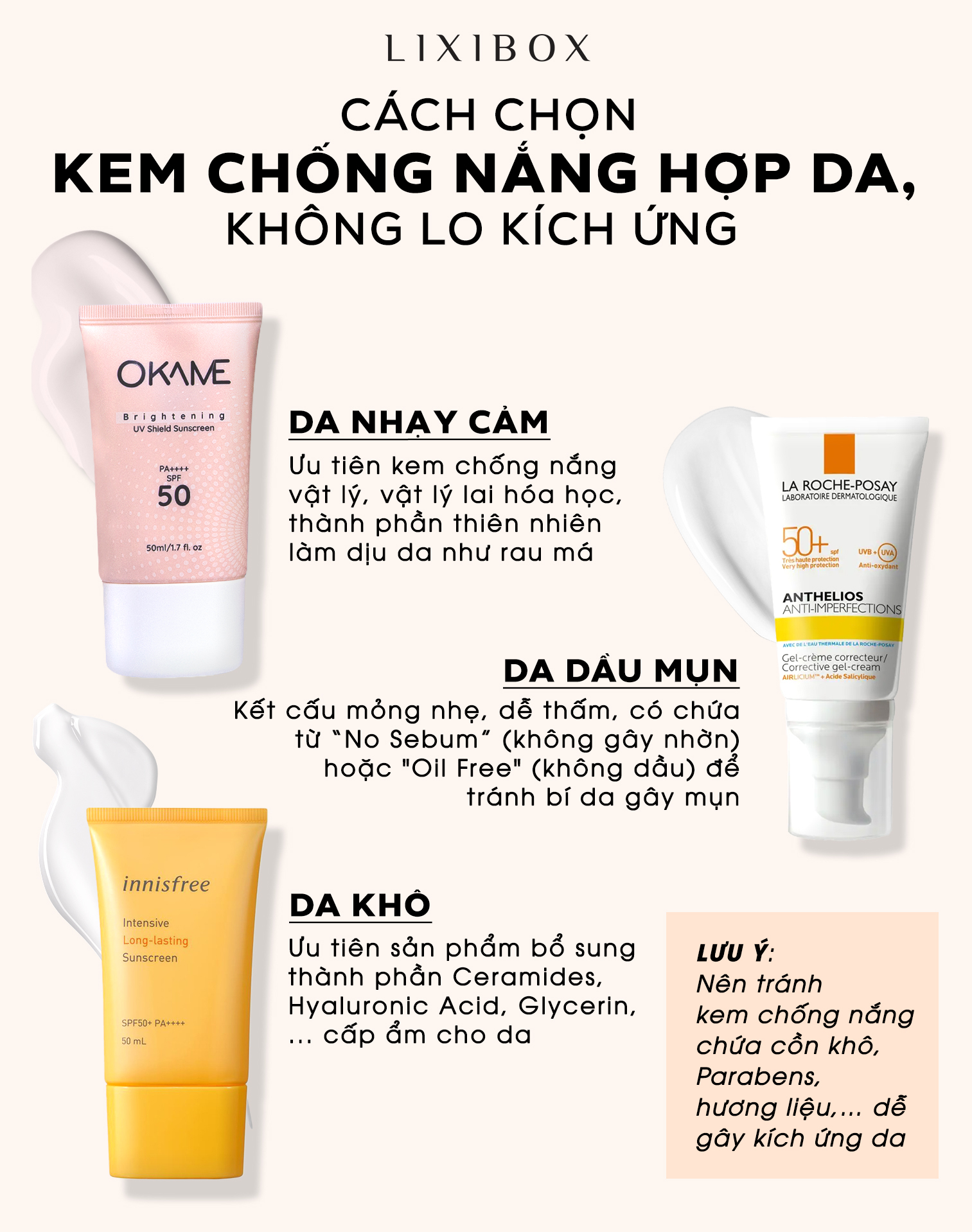 Hướng dẫn chọn kem chống nắng phù hợp với từng loại da như da nhạy cảm, da dầu mụn và da khô. Cách lựa chọn kem chống nắng tốt cho da, tránh kích ứng, tăng cường độ ẩm và bảo vệ da hiệu quả.