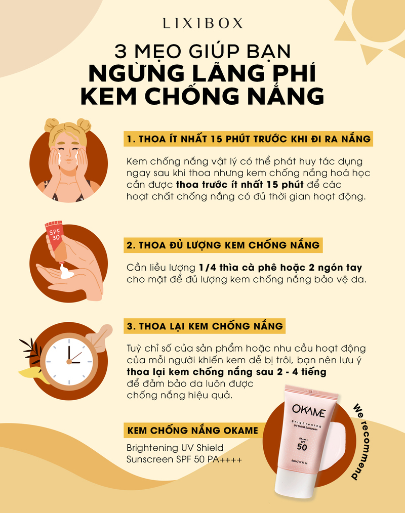 3 mẹo chống lãng phí kem chống nắng: 1. Thoa ít nhất 15 phút trước khi ra nắng; 2. Thoa đủ lượng kem chống nắng; 3. Thoa lại kem chống nắng. Chứa thông tin hữu ích từ Viện Hàn lâm Da liễu Hoa Kỳ cho việc sử dụng kem chống nắng đúng cách, bảo vệ da hiệu quả.
