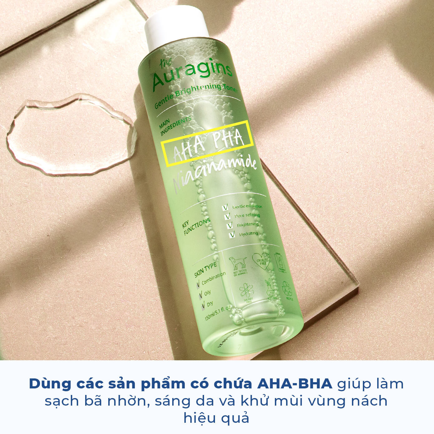 Nước hoa hồng The Auragins giúp làm sạch bã nhờn, sáng da và khử mùi vùng nách hiệu quả với các thành phần AHA, PHA, Niacinamide, hỗ trợ dưỡng trắng vùng nách và chăm sóc vùng nách hoàn hảo.
