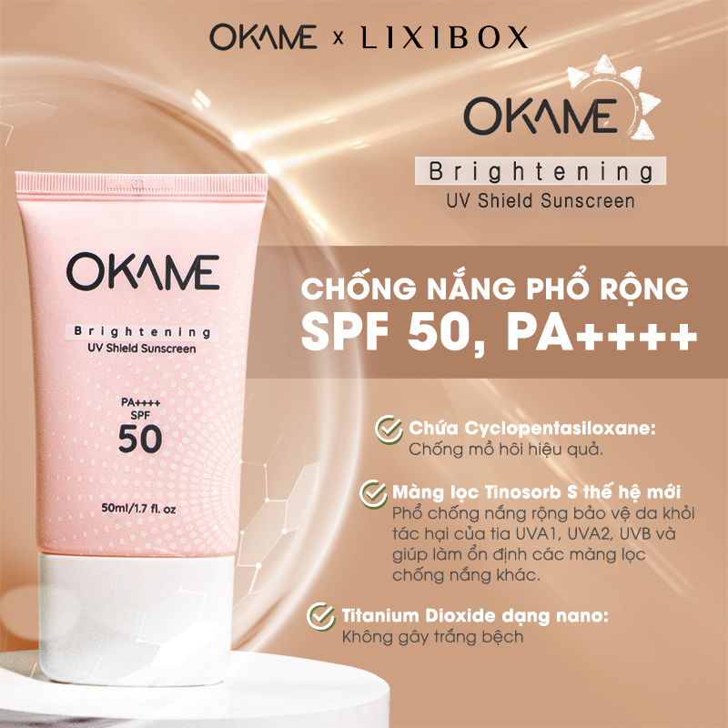Kem chống nắng OKAME Brightening SPF 50, PA++++, chứa Cyclopentasiloxane và màng lọc Tinosorb S, cam kết bảo vệ da toàn diện, giảm tiết lộ dấu hiệu tuổi tác trên các vùng da nhạy cảm như vùng mắt.