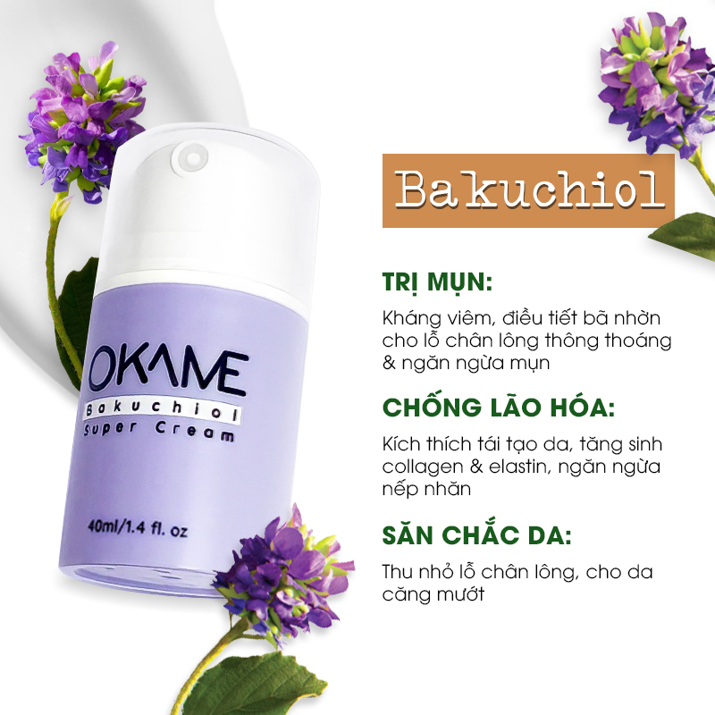 Bakuchiol Super Cream từ OKAME, với thành phần trị mụn thiên nhiên giúp kiểm soát dầu, ngăn ngừa mụn và chống lão hóa hiệu quả, phù hợp cho da nhạy cảm. Sản phẩm giúp thu nhỏ lỗ chân lông và làm da căng mướt.