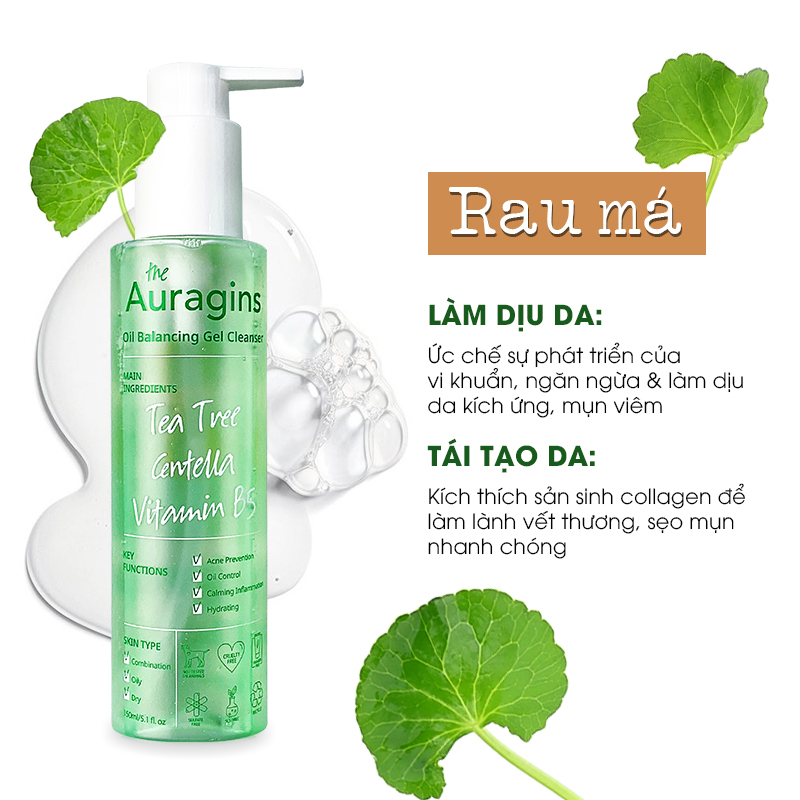 Sản phẩm Auragins Oil Balancing Gel Cleanser, chứa thành phần Rau Má, giúp làm dịu da, ức chế vi khuẩn, ngăn ngừa mụn và tái tạo da, phù hợp cho làn da nhạy cảm và trị mụn hiệu quả.