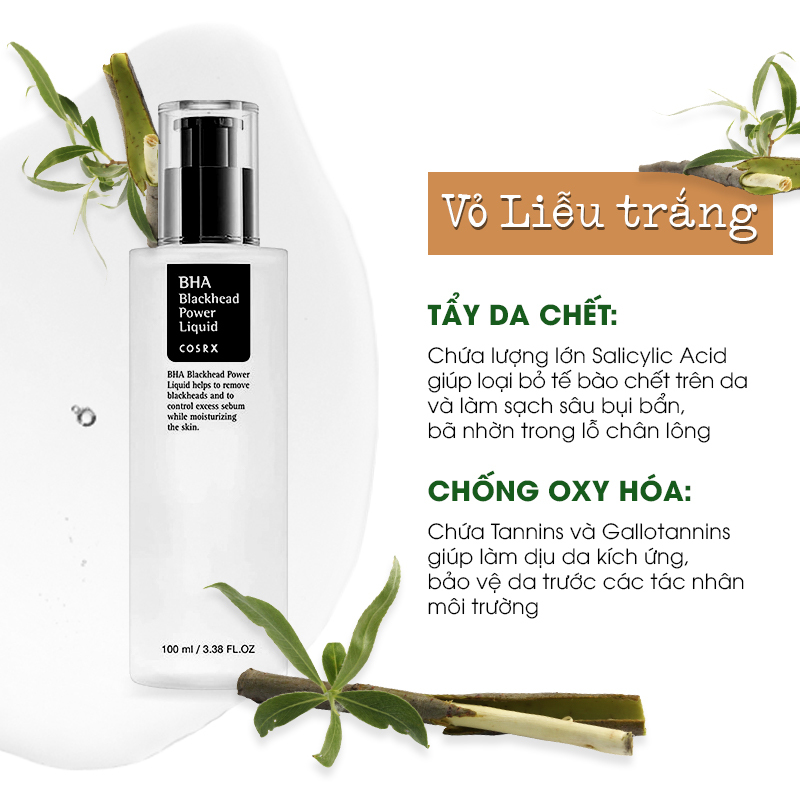 Chai BHA Blackhead Power Liquid của COSRX chứa Salicylic Acid giúp loại bỏ bụi bẩn và trị mụn hiệu quả. Sản phẩm còn chứa Tannins và Gallotannins với khả năng kháng viêm, thích hợp cho da nhạy cảm, đặc biệt là trong chăm sóc da dầu mụn.