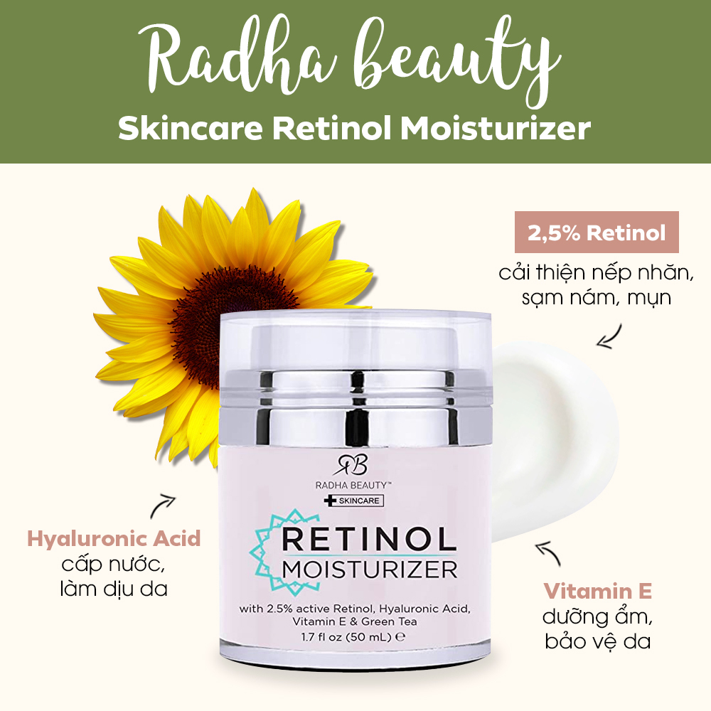 Kem dưỡng ẩm Radha beauty chứa 2,5% Retinol, giúp cải thiện nếp nhăn và sạm nám, cung cấp độ ẩm với Hyaluronic Acid, Vitamin E và trà xanh, là giải pháp chống lão hóa hiệu quả.