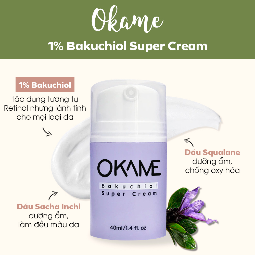 Kem dưỡng Okame 1% Bakuchiol Super Cream giúp cải thiện nếp nhăn, chống lão hóa cho da với thành phần Bakuchiol, Squalane và Dầu Sacha Inchi. Áp dụng hàng ngày để ngăn ngừa lão hóa và giữ cho làn da khỏe mạnh.