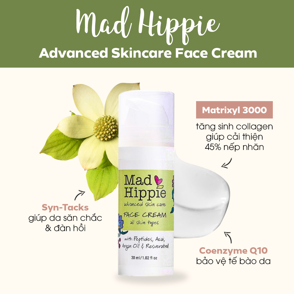 Kem dưỡng da Mad Hippie Advanced Skincare giúp cải thiện nếp nhăn với thành phần Matrixyl 3000, tăng sinh collagen 45%, cùng Syn-Tacks cho làn da săn chắc, Coenzyme Q10 bảo vệ tế bào. Lựa chọn lý tưởng để ngăn ngừa nếp nhăn.