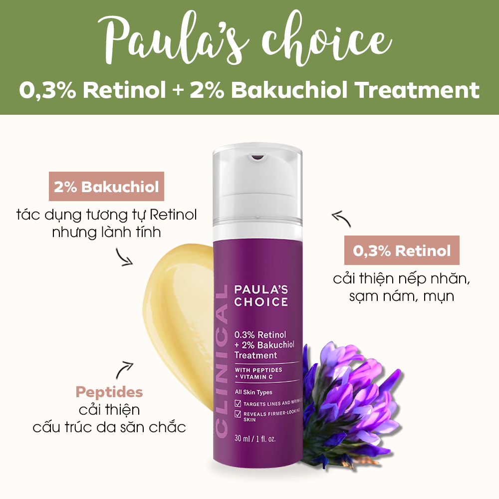Kem dưỡng Paula's Choice 0,3% Retinol + 2% Bakuchiol Treatment giúp cải thiện nếp nhăn, làm sáng da, với thành phần Peptides và Vitamin C. Phù hợp với tất cả loại da, ngăn ngừa nếp nhăn hiệu quả chỉ sau vài tuần sử dụng.