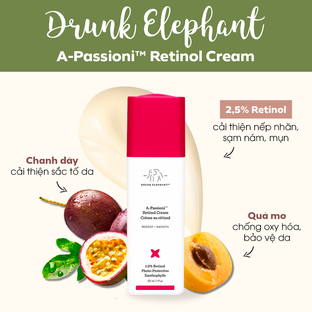 Kem chống lão hóa Drunk Elephant A-Passioni™ chứa 2.5% Retinol, giúp cải thiện nếp nhăn, sạm nám, và bảo vệ da khỏi tổn thương. Cải thiện sắc tố da với thành phần chanh dây và quả mơ.