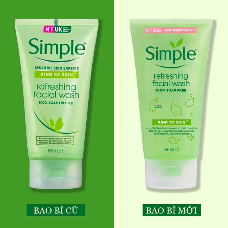 Gel rửa mặt Simple Refreshing Facial Wash, bao bì cũ và bao bì mới. Sản phẩm an toàn cho làn da nhạy cảm, 100% không chứa xà phòng, được sản xuất bởi thương hiệu nổi tiếng thuộc Unilever. Khám phá skincare dễ dàng với gel rửa mặt dược mỹ phẩm chất lượng, GWP, GWP Vietnam.