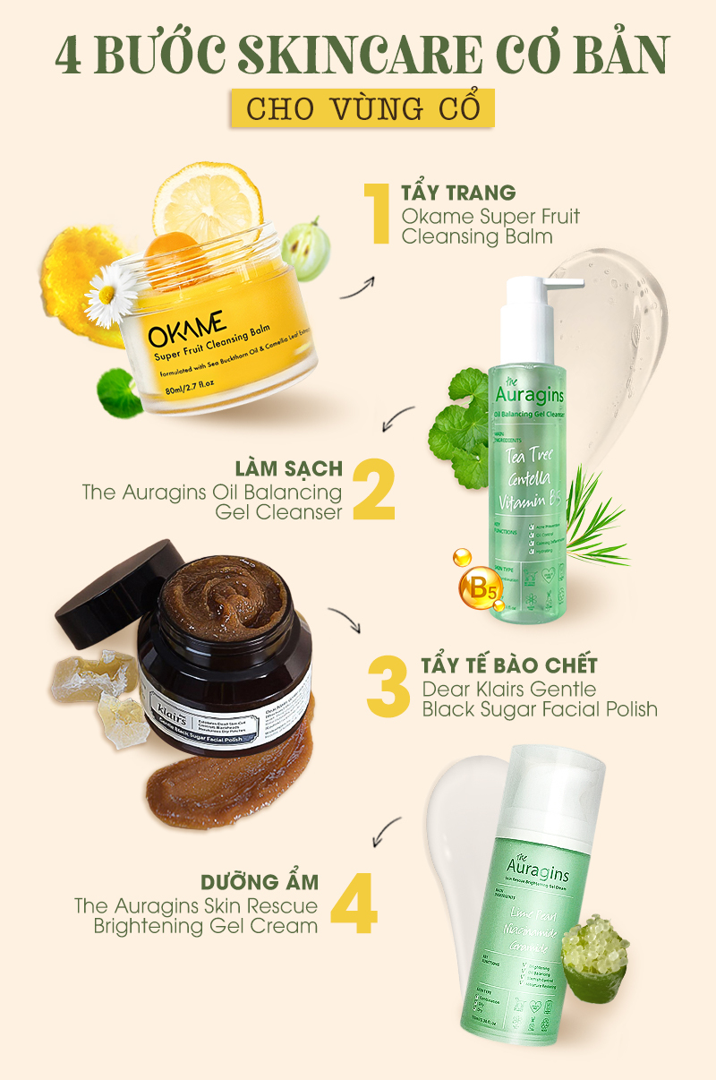 Bài viết hướng dẫn 4 bước chăm sóc vùng cổ hiệu quả, bao gồm tẩy trang, làm sạch, tẩy tế bào chết và dưỡng ẩm, giúp cải thiện tình trạng da cổ dễ lão hóa khi phụ nữ bước qua tuổi 30.