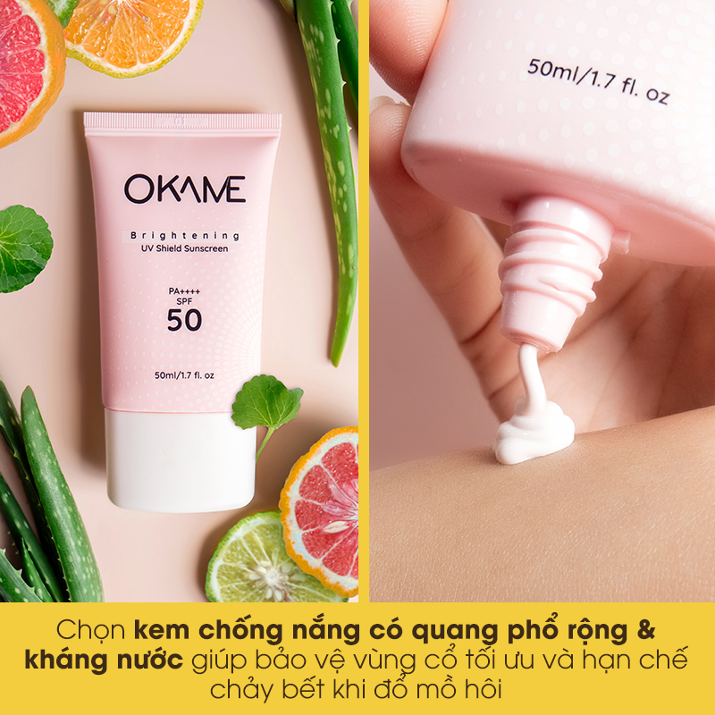 Kem chống nắng OKAME với SPF 50 giúp chống nắng vùng cổ hiệu quả. Dưỡng da vùng cổ không mất nhiều thời gian nhưng là cách tốt để ngăn ngừa lão hóa và giữ gìn tuổi xuân.