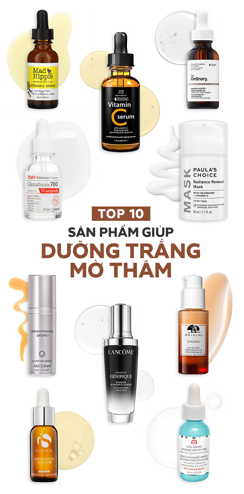 Sản phẩm giúp dưỡng trắng và mờ thâm, bao gồm các serum vitamin C, mặt nạ tái sinh, cùng những bí quyết trị thâm sau mụn hiệu quả. Tìm hiểu cách loại bỏ mụn thâm chỉ với 3 mẹo đơn giản trong mùa giãn cách!