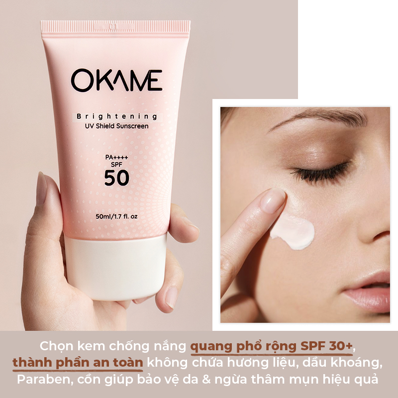 Kem chống nắng OKAME Brightening UV Shield với chỉ số SPF 50, bảo vệ da khỏi tác hại của ánh nắng, giúp loại bỏ mụn thâm hiệu quả, đồng hành cùng bí quyết trị mụn thâm mùa giãn cách.
