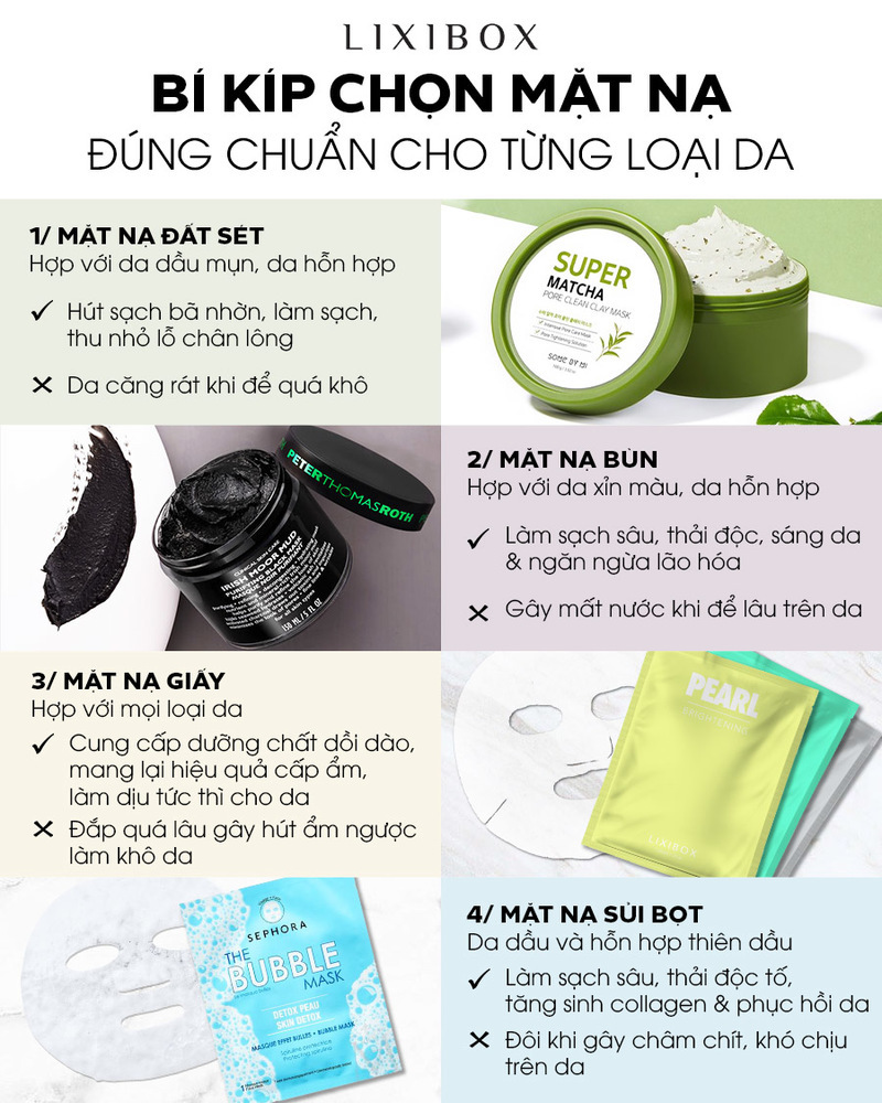 Bí kíp chọn mặt nạ đúng chuẩn cho từng loại da. Hướng dẫn chọn mặt nạ phù hợp với da dầu, da hỗn hợp, và da khô. Đắp mặt nạ đúng giúp da sạch sâu, cấp ẩm và ngăn ngừa lão hóa. Tìm hiểu các loại mặt nạ từ Lixibox.