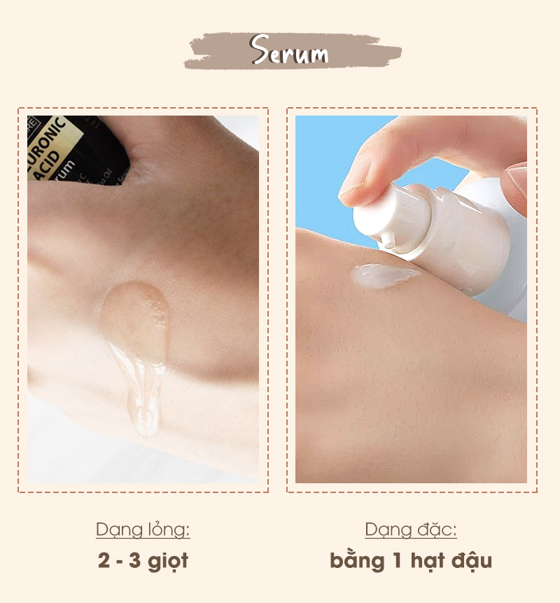 Hướng dẫn liều lượng sử dụng mỹ phẩm dưỡng da, với serum dạng lỏng nên dùng 2 - 3 giọt và dạng đặc chỉ cần 1 hạt đậu, giúp tối ưu hiệu quả và tránh lãng phí. Tham khảo để có làn da khỏe đẹp!