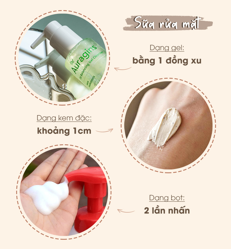 Hướng dẫn về lượng mỹ phẩm nên dùng cho các loại sữa rửa mặt, từ gel, kem đặc đến bọt. Đảm bảo sử dụng liều lượng thích hợp giúp phát huy hiệu quả tốt nhất cho làn da.