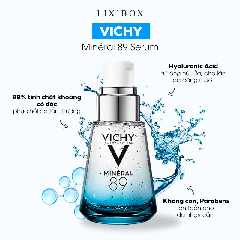 Serum Vichy Mineral 89 chứa 89% tinh chất khoáng, Hyaluronic Acid giúp phục hồi và ngậm nước cho da. Không chứa Parabens, an toàn cho làn da nhạy cảm, thích hợp cho các bước chăm sóc da mùa hè để có làn da căng mướt.