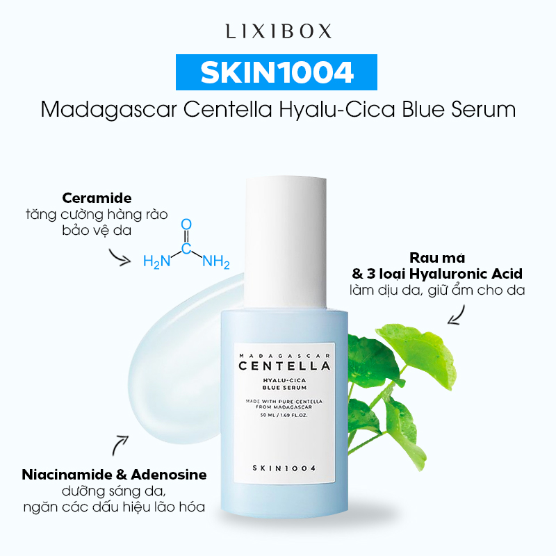 Serum Madagascar Centella Hyalu-Cica Blue với Ceramide, Niacinamide và Adenosine giúp bảo vệ da, dưỡng ẩm hiệu quả. Sản phẩm chứa 3 loại Hyaluronic Acid giữ ẩm cho da, lý tưởng cho mùa hè.