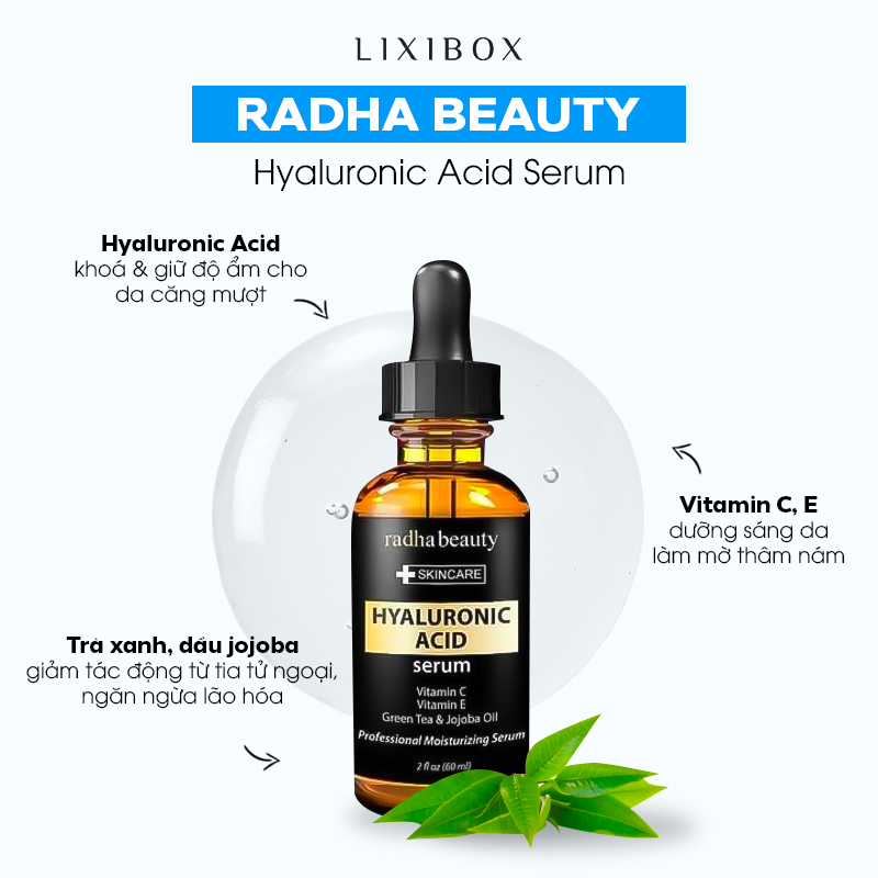 Serum Hyaluronic Acid của Radha Beauty giúp cung cấp độ ẩm cho da căng mướt với Vitamin C, E, trà xanh và dầu jojoba, ngăn ngừa lão hóa và giảm tác động từ môi trường. Sản phẩm lý tưởng cho skincare trong mùa hè.