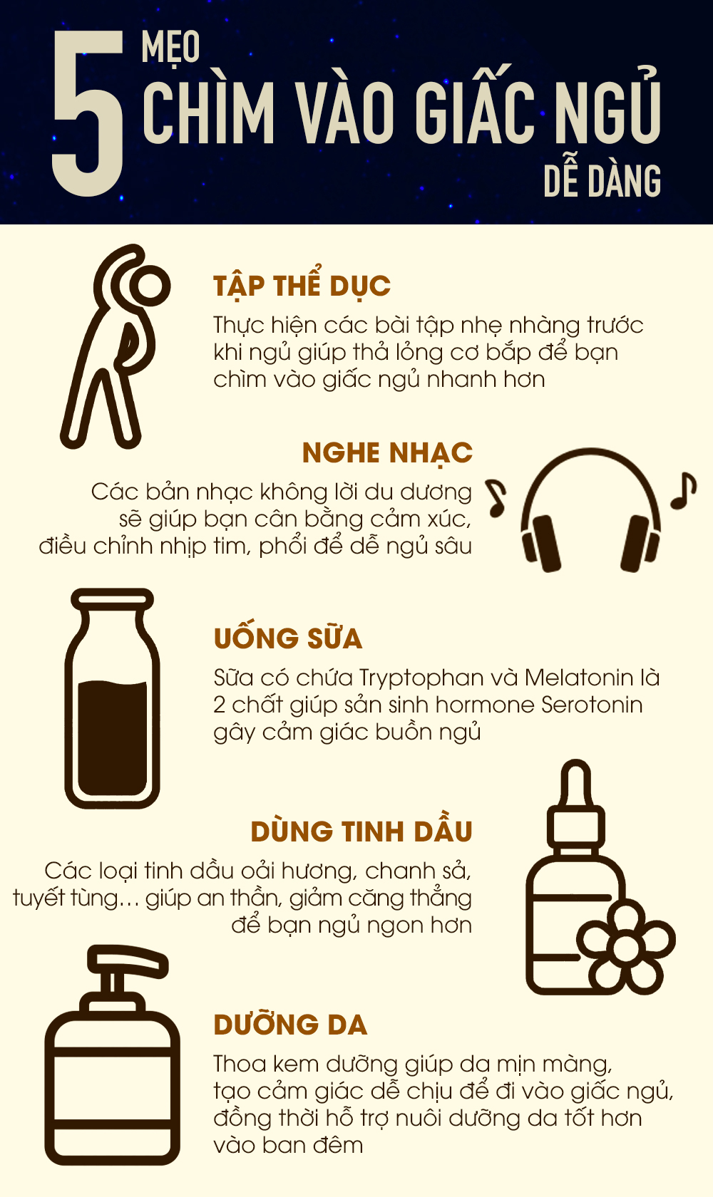 Bài viết về tác hại của việc thức khuya, chỉ ra rằng việc không ngủ đủ giấc từ 11h đêm đến 4h sáng có thể gây ra lão hoá da và nổi mụn. Cung cấp 5 mẹo giúp dễ dàng đi vào giấc ngủ như tập thể dục, nghe nhạc, uống sữa, dùng tinh dầu và dưỡng da.