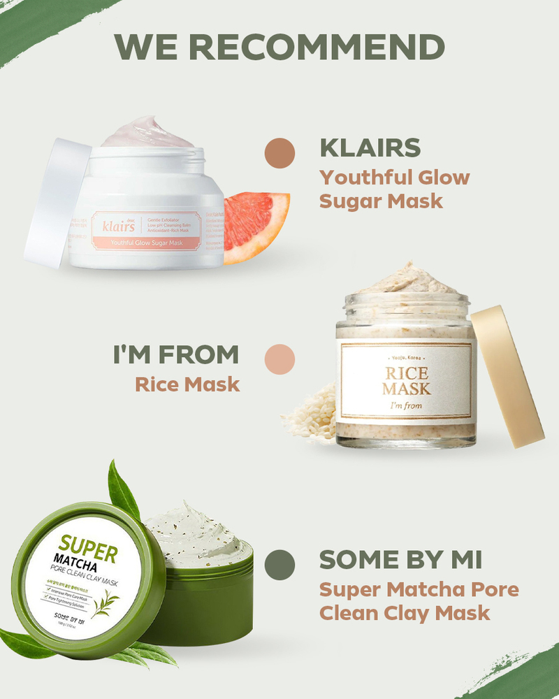 Giới thiệu các loại mặt nạ được khuyên dùng: Klairs Youthful Glow Sugar Mask, I'm From Rice Mask, và Some By Mi Super Matcha Pore Clean Clay Mask, phù hợp cho quá trình chăm sóc da hàng ngày với mặt nạ Lixibox.