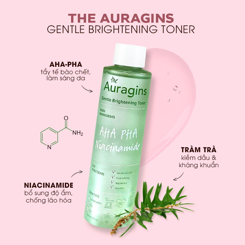 Toner làm sáng da The Auragins với thành phần AHA, PHA và Niacinamide giúp tẩy tế bào chết, duy trì độ ẩm và cải thiện làn da, phù hợp cho skincare mùa dịch.