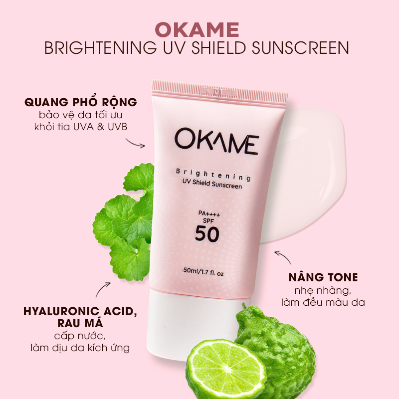 Kem chống nắng OKAME Brightening UV Shield Sunscreen, SPF 50 giúp bảo vệ làn da khỏi UVA và UVB. Chứa Hyaluronic Acid và rau má, cấp nước và làm dịu da. Lý tưởng cho skincare mùa dịch, hỗ trợ dưỡng sáng và đều màu da.