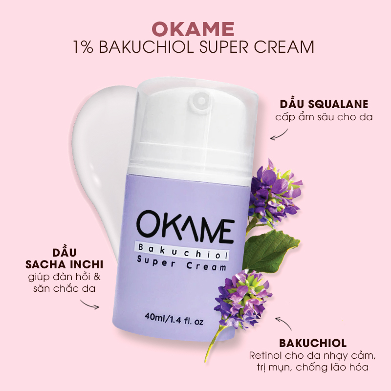 OKAME 1% BAKUCHIOL SUPER CREAM - Sản phẩm dưỡng da chứa Dầu Squalane giúp cấp ẩm sâu, Dầu Sacha Inchi giúp da săn chắc, và Bakuchiol nghỉ dưỡng giúp chống lão hóa, trị mụn, phù hợp cho mọi loại da, đặc biệt trong mùa dịch.
