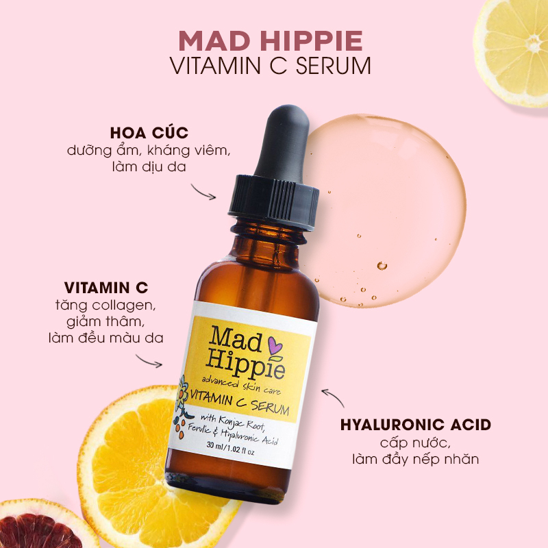 Serum vitamin C Mad Hippie với các thành phần như hoa cúc, vitamin C và axit hyaluronic giúp cung cấp độ ẩm, làm sáng da, cải thiện tình trạng da hiệu quả. Đây là sản phẩm skincare thiết yếu cho làn da luôn sáng khoẻ, đặc biệt trong mùa dịch.