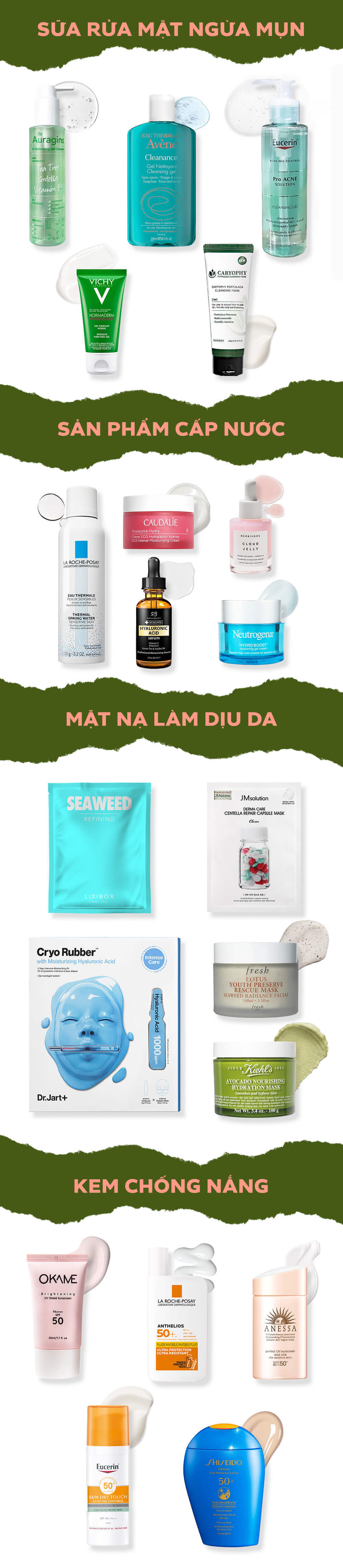 Bài viết "Bỏ túi" những mẹo chăm da ngày “đèn đỏ” tập trung vào cách trị mụn và chăm sóc da mụn. Hình ảnh gồm nhiều sản phẩm dưỡng da, gồm sữa rửa mặt, sản phẩm cấp nước, mặt nạ làm dịu và kem chống nắng giúp bảo vệ và nuôi dưỡng làn da trong những ngày khó chịu.