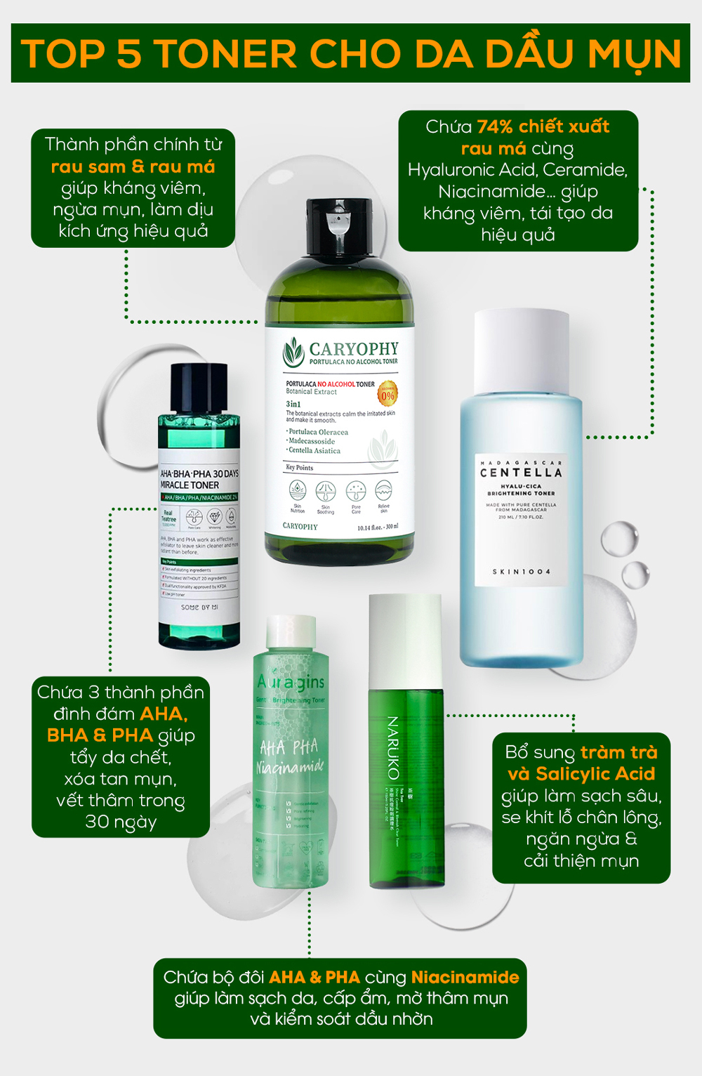 Bảng xếp hạng 5 toner cho da dầu mụn, nhấn mạnh các thành phần như rau sam, rau má, AHA, BHA và Niacinamide giúp làm sạch, ngăn ngừa mụn và cung cấp độ ẩm cho làn da, hỗ trợ hiệu quả trong quy trình chăm sóc da mụn.