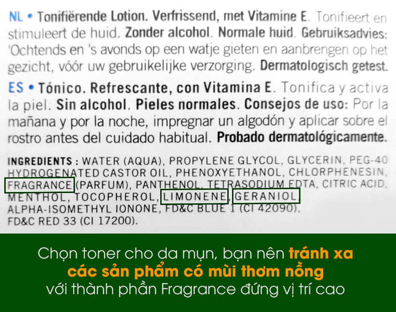 Chọn toner cho da mụn, bạn nên tránh xa các sản phẩm có mùi thơm nồng với thành phần Fragrance đứng vị trí cao. Hướng dẫn này giúp cải thiện hiệu quả chăm sóc da mụn và tối ưu hóa quy trình skincare.