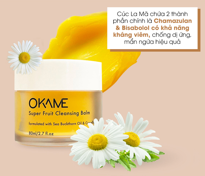 Cúc La Mã chứa 2 thành phần chính là Chamazulan & Bisabolol có khả năng kháng viêm, chống dị ứng, mẫn ngứa hiệu quả. Sản phẩm OKAME Super Fruit Cleansing Balm giúp làm dịu da nhạy cảm, an toàn cho skincare routine.