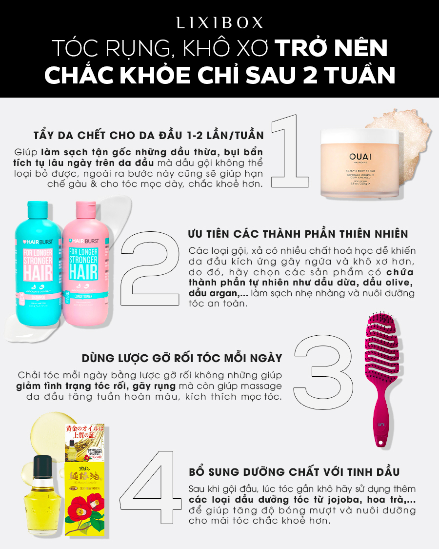 Bài viết trên tạp chí Lixibox hướng dẫn 4 bước chăm sóc tóc hiệu quả giúp tóc hư tổn hồi sinh chỉ sau 2 tuần, với các mẹo sử dụng thành phần thiên nhiên, chăm sóc tóc mỗi ngày và bổ sung dưỡng chất từ tinh dầu.