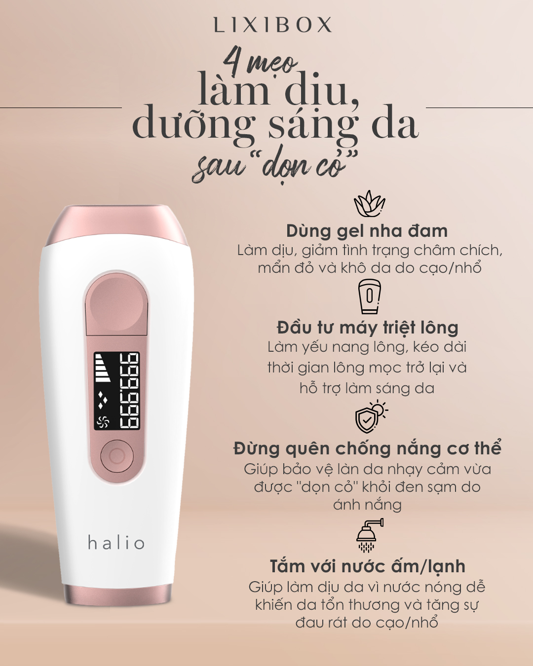 Bài viết "Không biết 4 tips này thì da dễ đau rát, mẩn đỏ sau khi triệt lông" với 4 mẹo chăm sóc da sau khi triệt lông, bao gồm sử dụng gel nha đam, dầu ủ triệt lông, chống nắng và tắm với nước ấm/lạnh cho làn da mịn màng, khỏe mạnh.