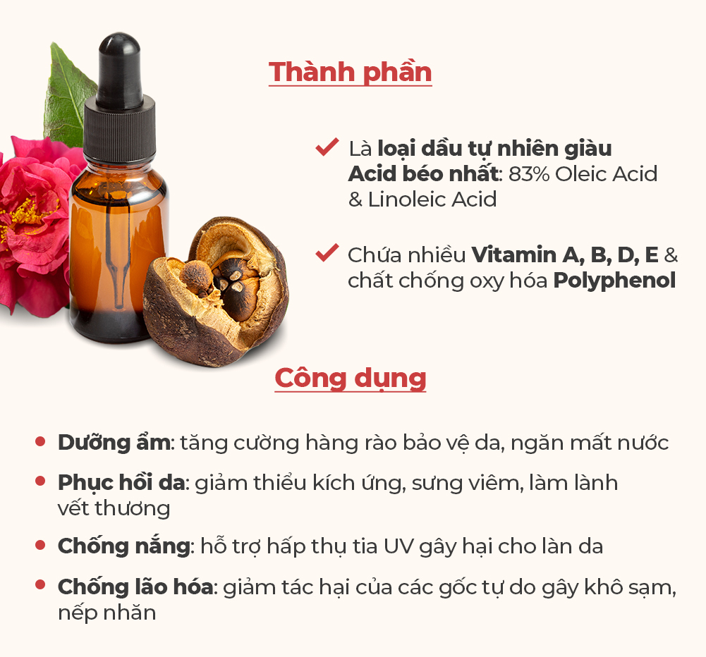 Dầu hoa trà Nhật Bản, 83% Oleic Acid và Linoleic Acid, chứa Vitamin A, B, D, E và Polyphenol; giúp dưỡng ẩm, phục hồi da, chống nắng và chống lão hóa hiệu quả.