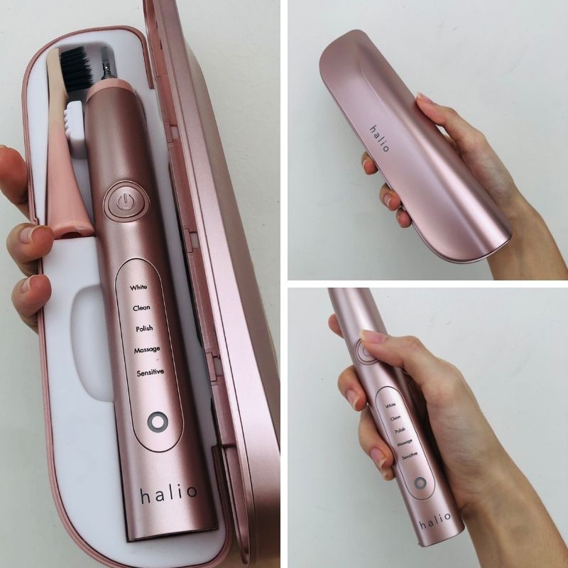 Bàn chải điện Halio Sonic Pro màu hồng đang được cầm tay. Chi tiết bàn chải cho phép lựa chọn chế độ như Trắng, Sạch, Đánh bóng, Masage, Nhạy cảm. Bài viết chia sẻ trải nghiệm dùng sản phẩm và lý do không nên bỏ lỡ cơ hội đầu tư cho bàn chải điện Halio, giúp loại bỏ mảng bám và cải thiện sức khỏe răng miệng.