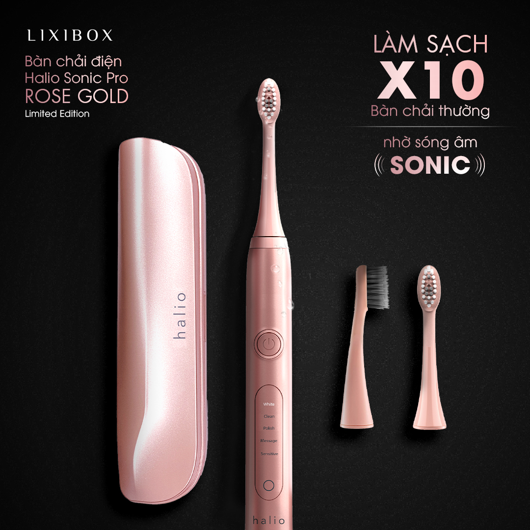 Bàn chải điện Halio Sonic Pro màu hồng vàng, kèm hộp bảo quản. Sản phẩm giúp làm sạch gấp 10 lần bàn chải thường, loại bỏ mảng bám và giảm hôi miệng, máu nướu, theo trải nghiệm của người dùng.